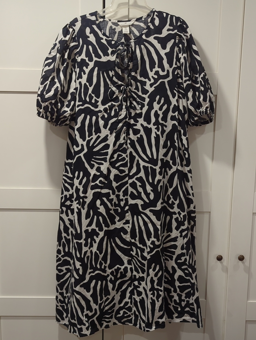 H&M XL Dress Linen Cotton Abstract Puff-Sleeve Midi Dress
